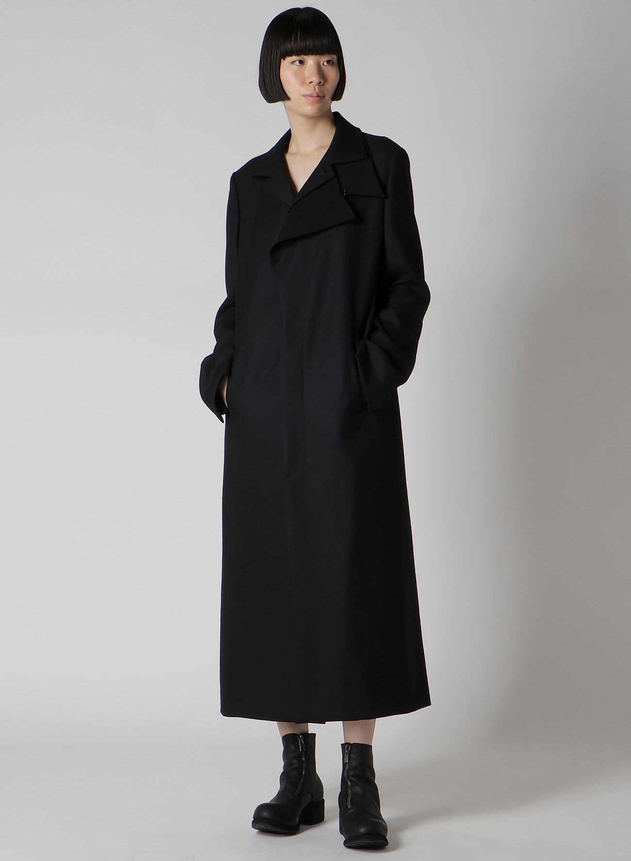 W/SAXONY R DOUBLE LAYERED LONG COAT(XS Black): Yohji Yamamoto｜THE