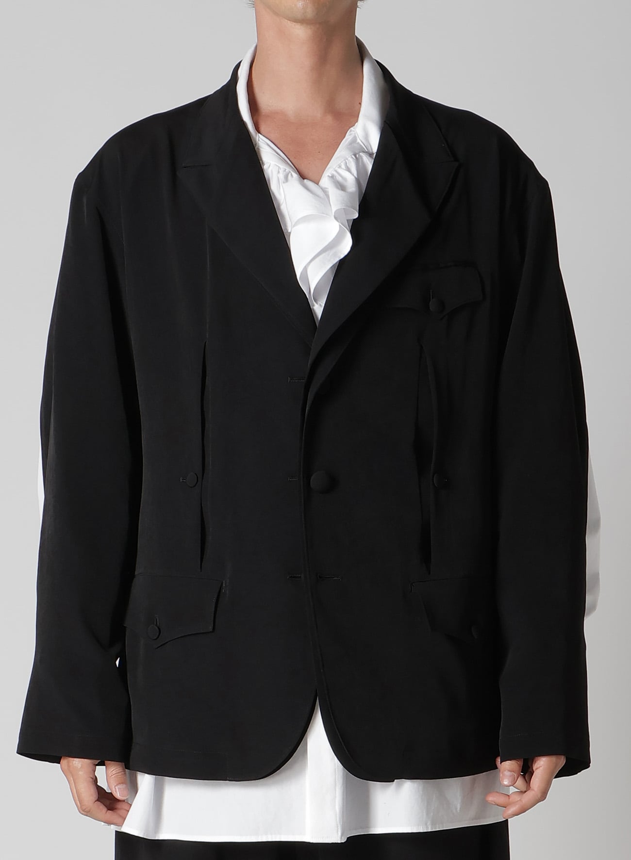 TA TUXEDO FRONT AND BACK OPENED LAPEL JACKET(S Black): Yohji