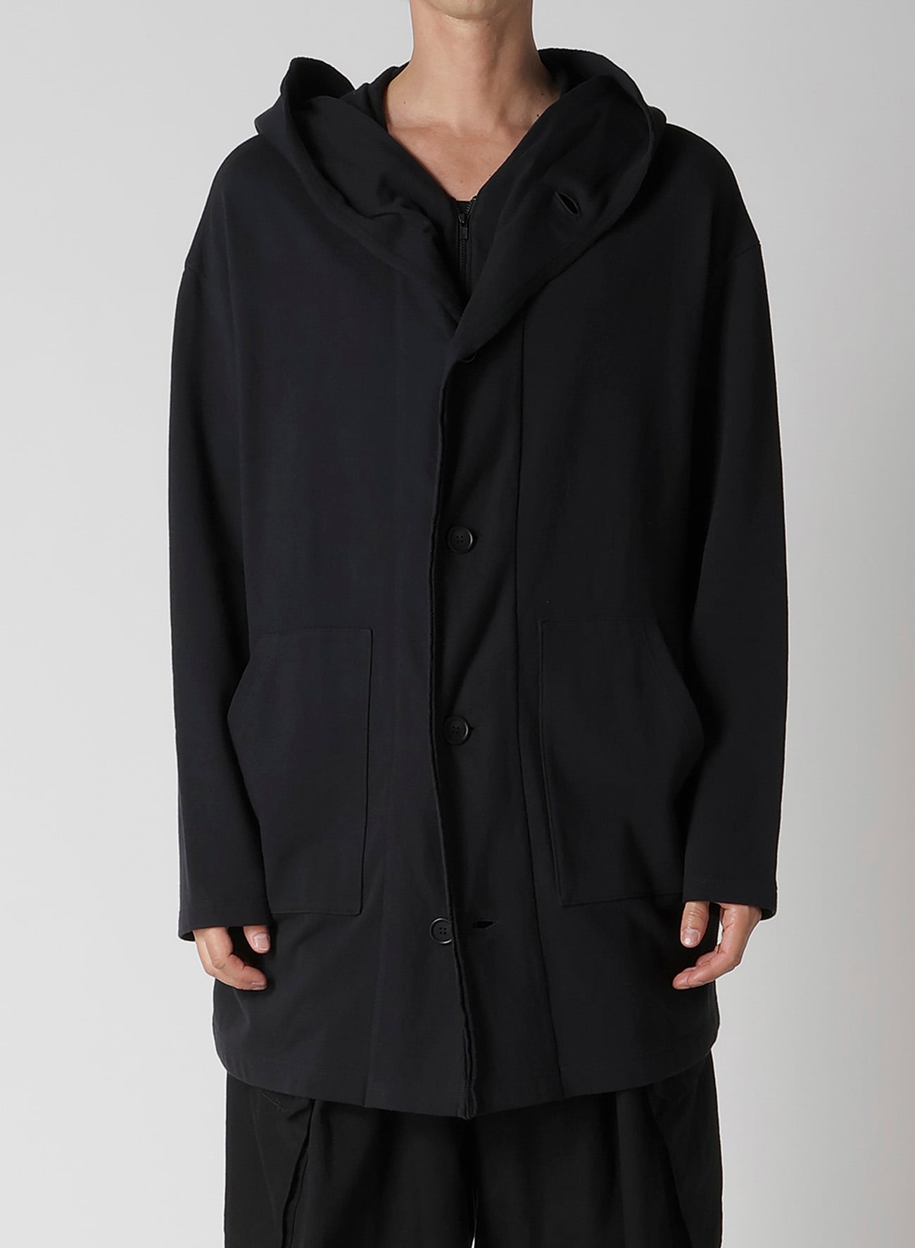 40/20 MINI FRENCH TERRY HOODED COAT(S Black): Yohji Yamamoto POUR