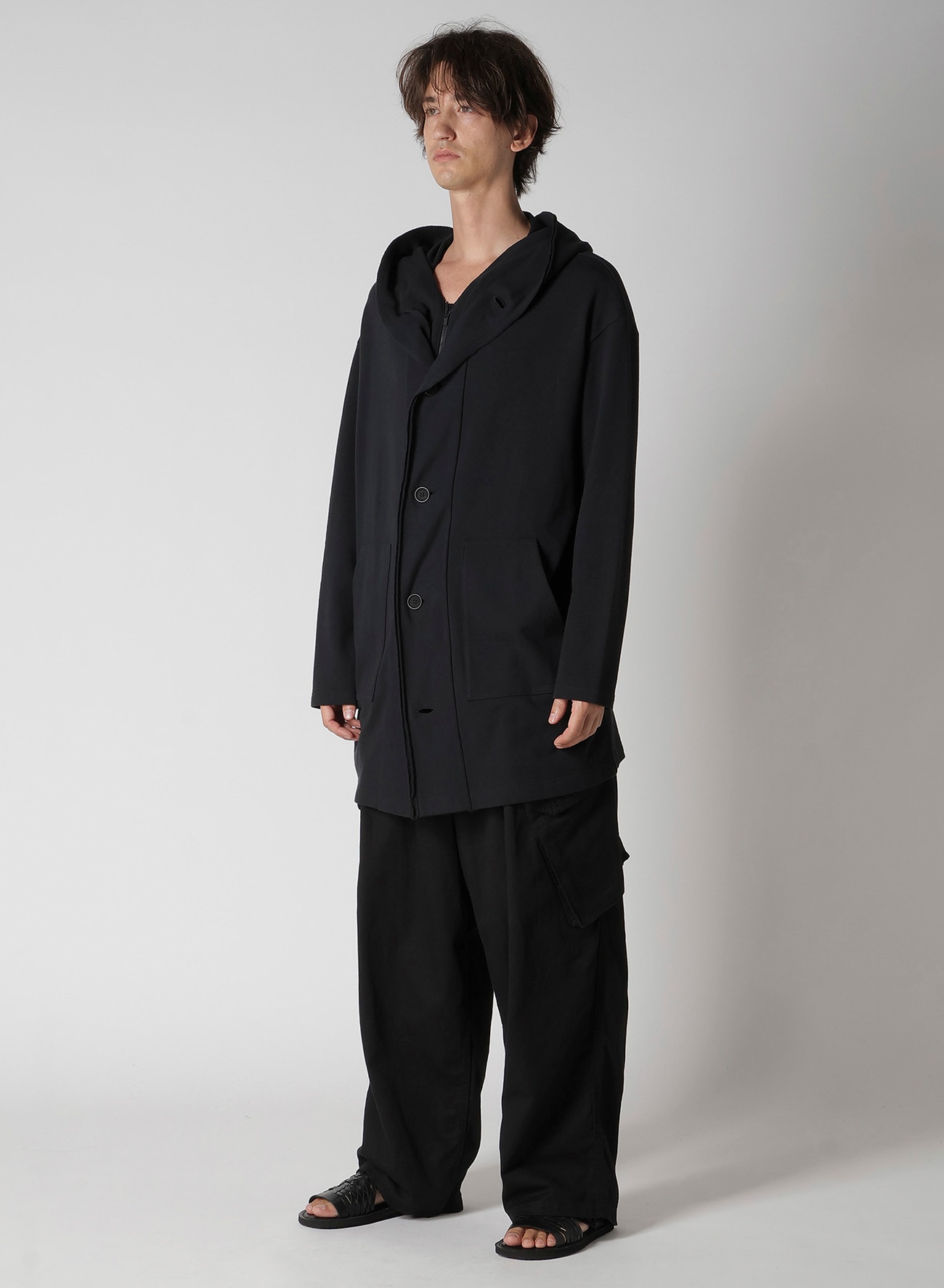 40/20 MINI FRENCH TERRY HOODED COAT(S Black): Yohji Yamamoto POUR