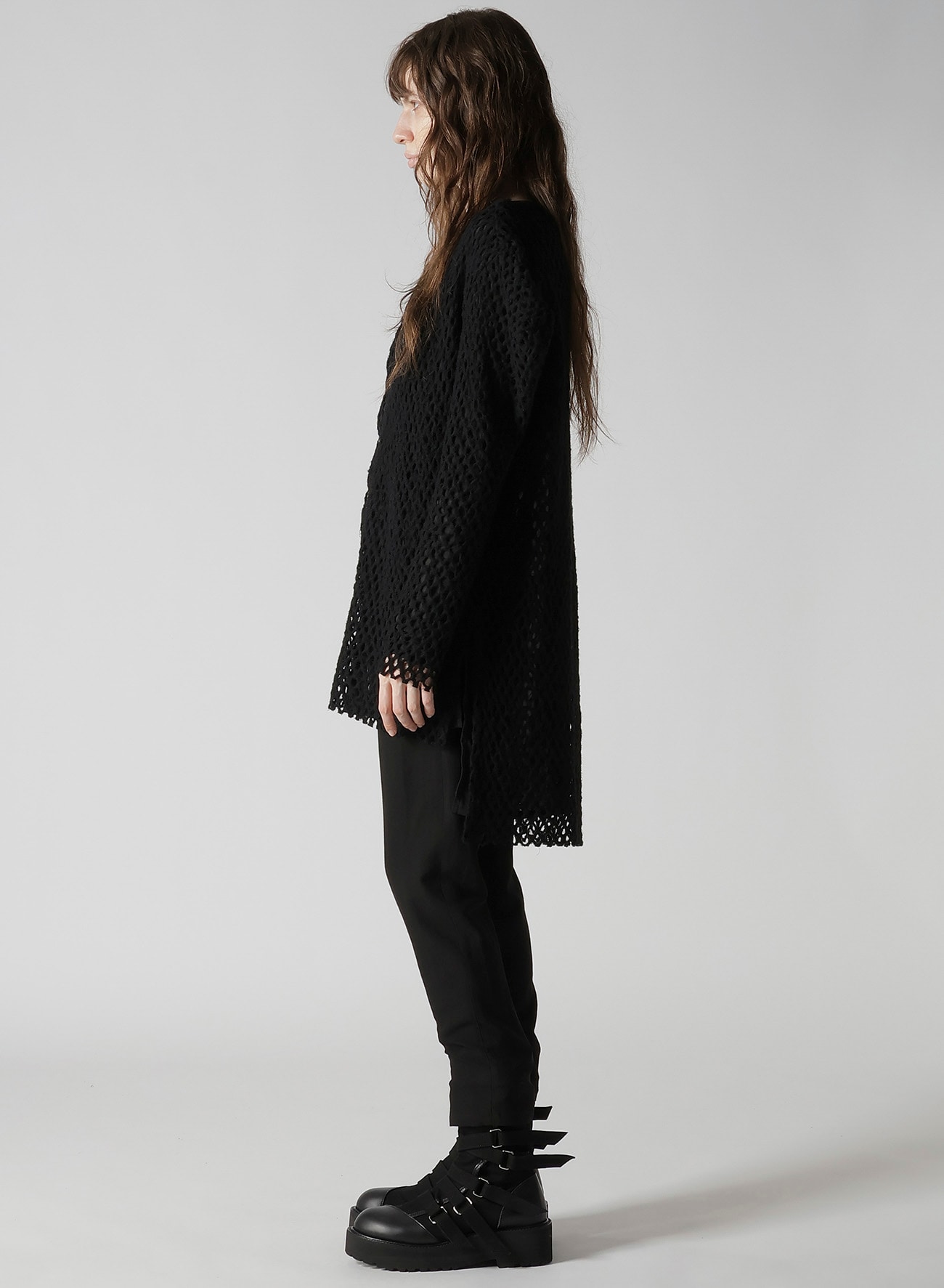 HOLE JACQUARD + CHIFFON PUFF LONG CARDIGAN(S Black): Soldes｜THE