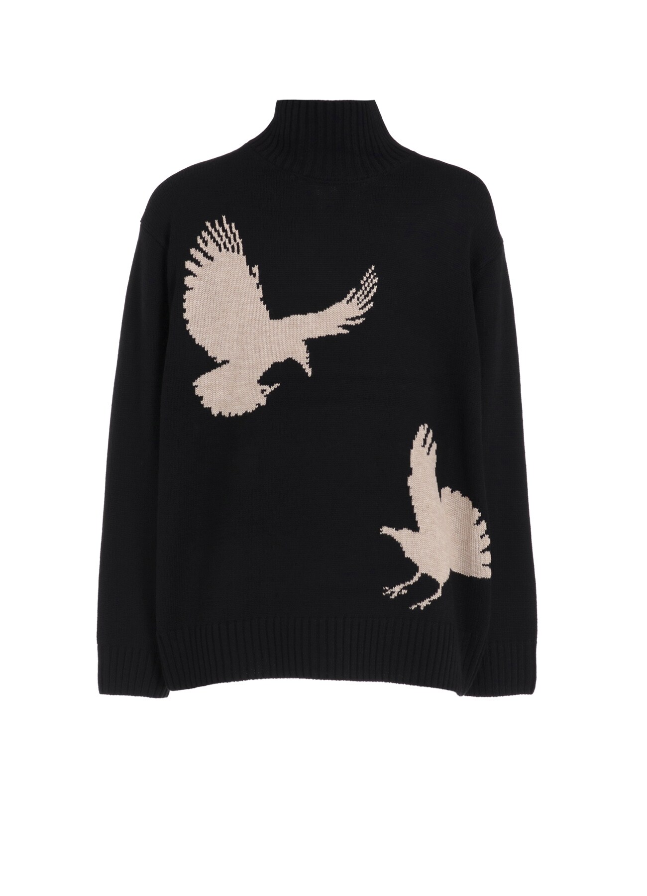 7G WOOL-BLEND INTARSIA CROW-PATTERN HIGH NECK KNIT(M Black): S'YTE