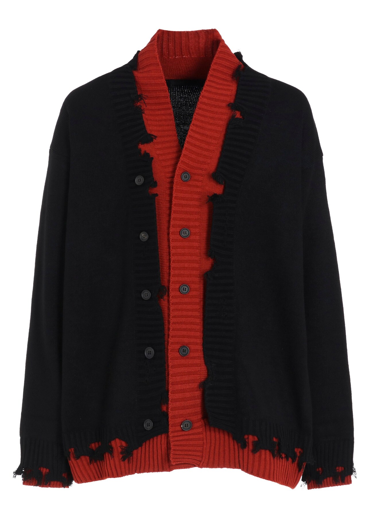 CORPILON BULKY WOOL COLOR-BLOCKED DAMAGE CARDIGAN(M Black x Terra