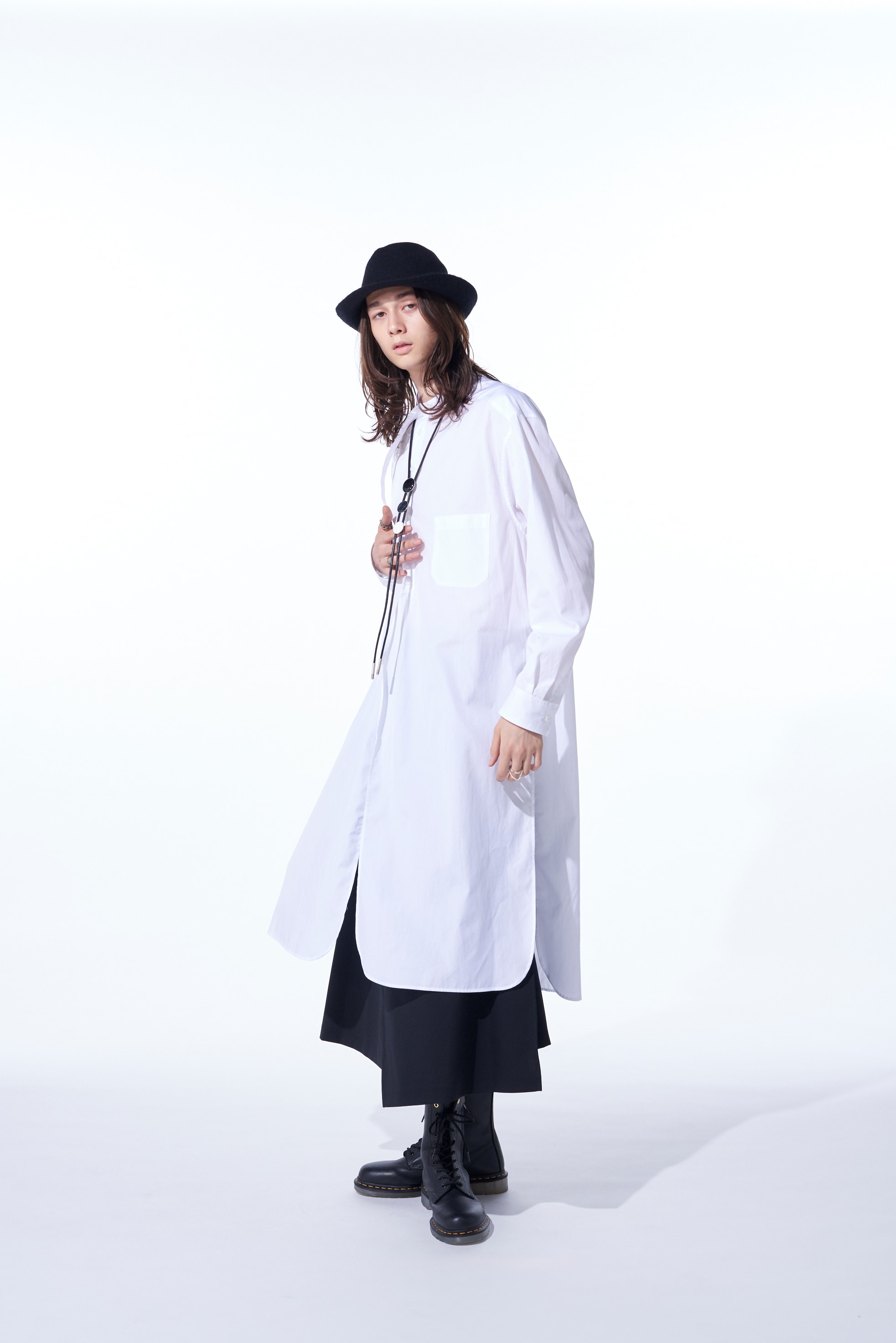 COTTON BROAD CLOTH STAND COLLAR LONG SHIRT WITH ROUNDED HEM(M
