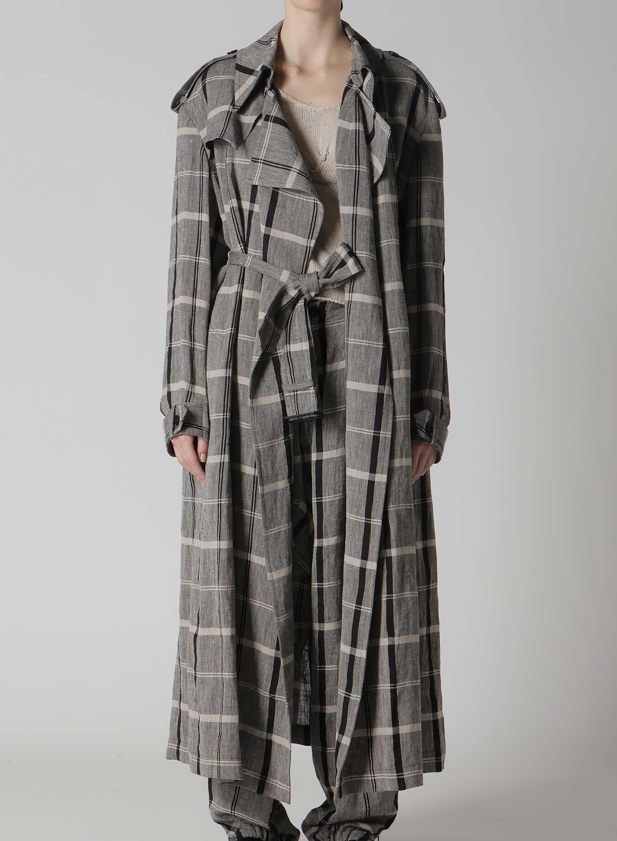 LINEN/NYLON PLAID TRENCH COAT(XS Grey): Vintage｜Special Price