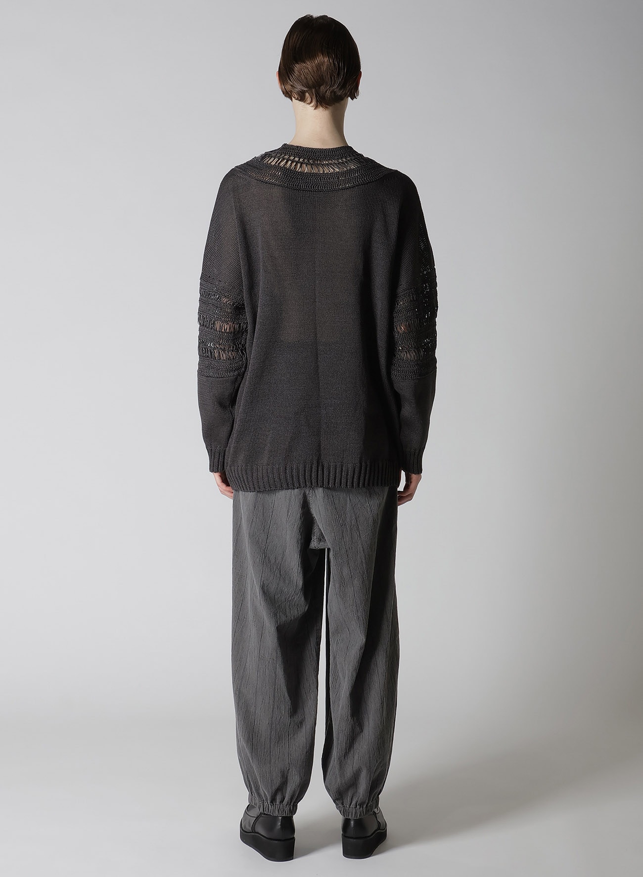 JERSEY+BROAD STITCH CROCHET LONG SLEEVE PULLOVER(S Charcoal