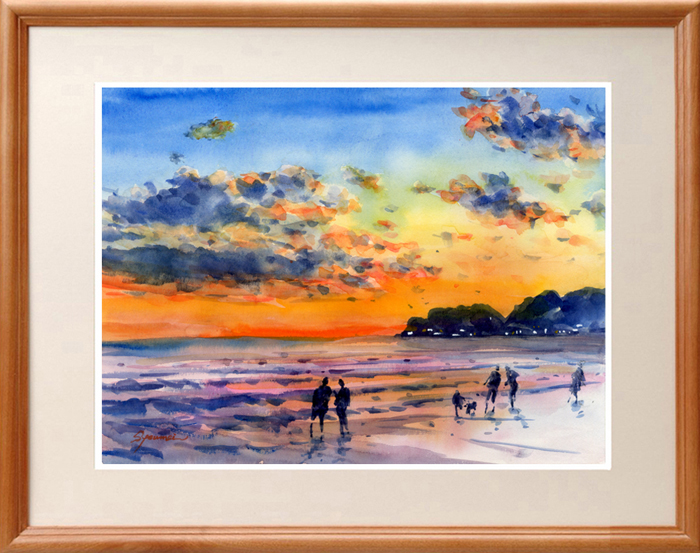水彩画原画 夕焼けの由比ヶ浜・鎌倉 ＃547 | syoumei ｜インテリア絵画