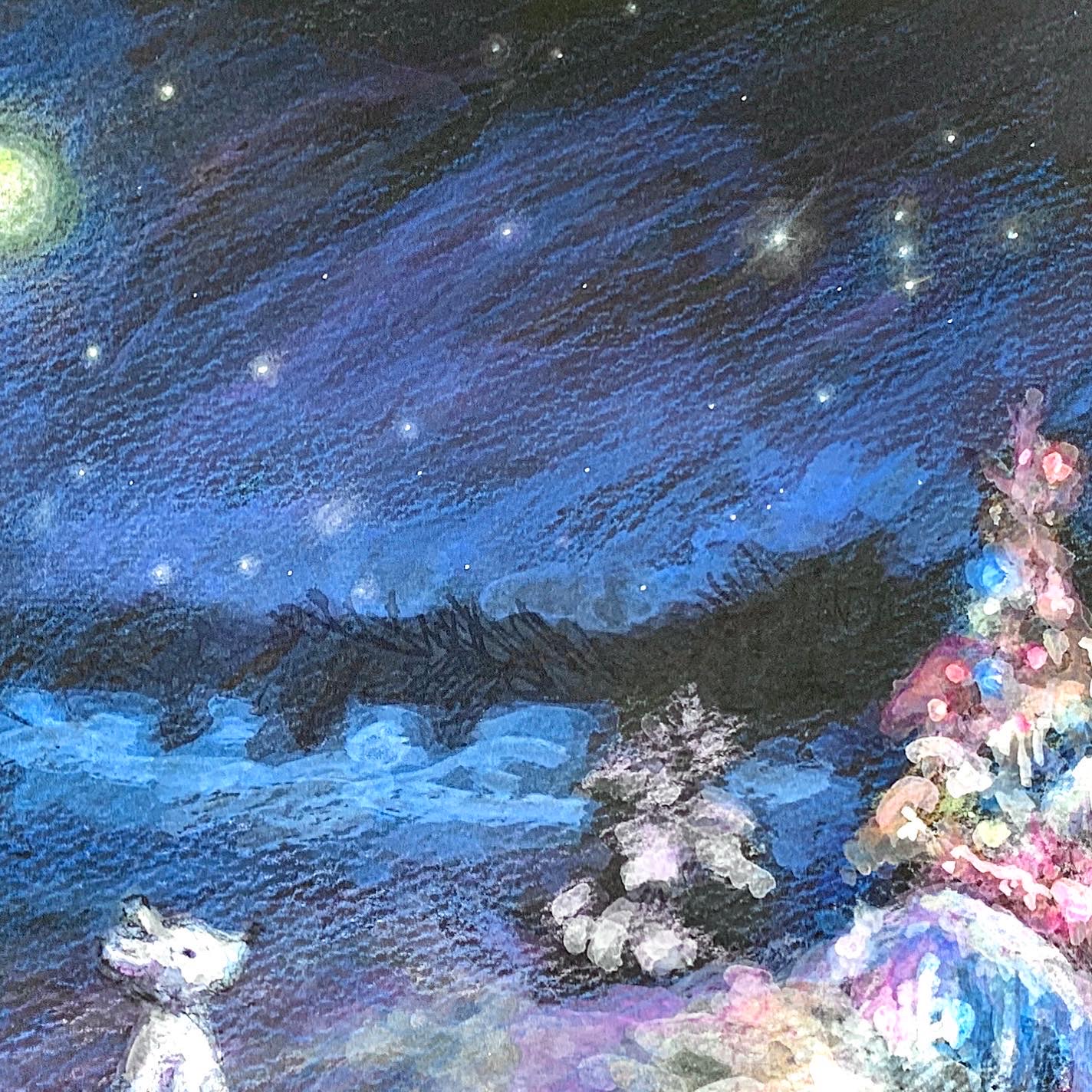 アクリル画 〖 森の夜 〗アクリル絵具・色鉛筆（ A4サイズ 額入り