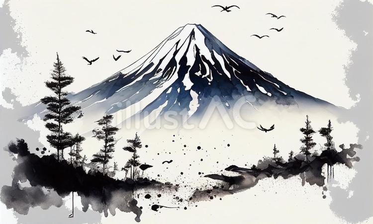 水墨画＿富士山の見える風景画＿景色日本画イラスト - No: 23472448
