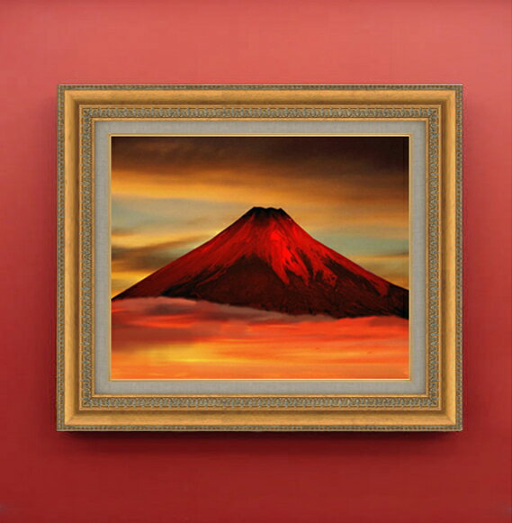 縁起物！ 赤富士 刺繍絵 額縁 F6号 ゴールド アンティー ク 送料無料