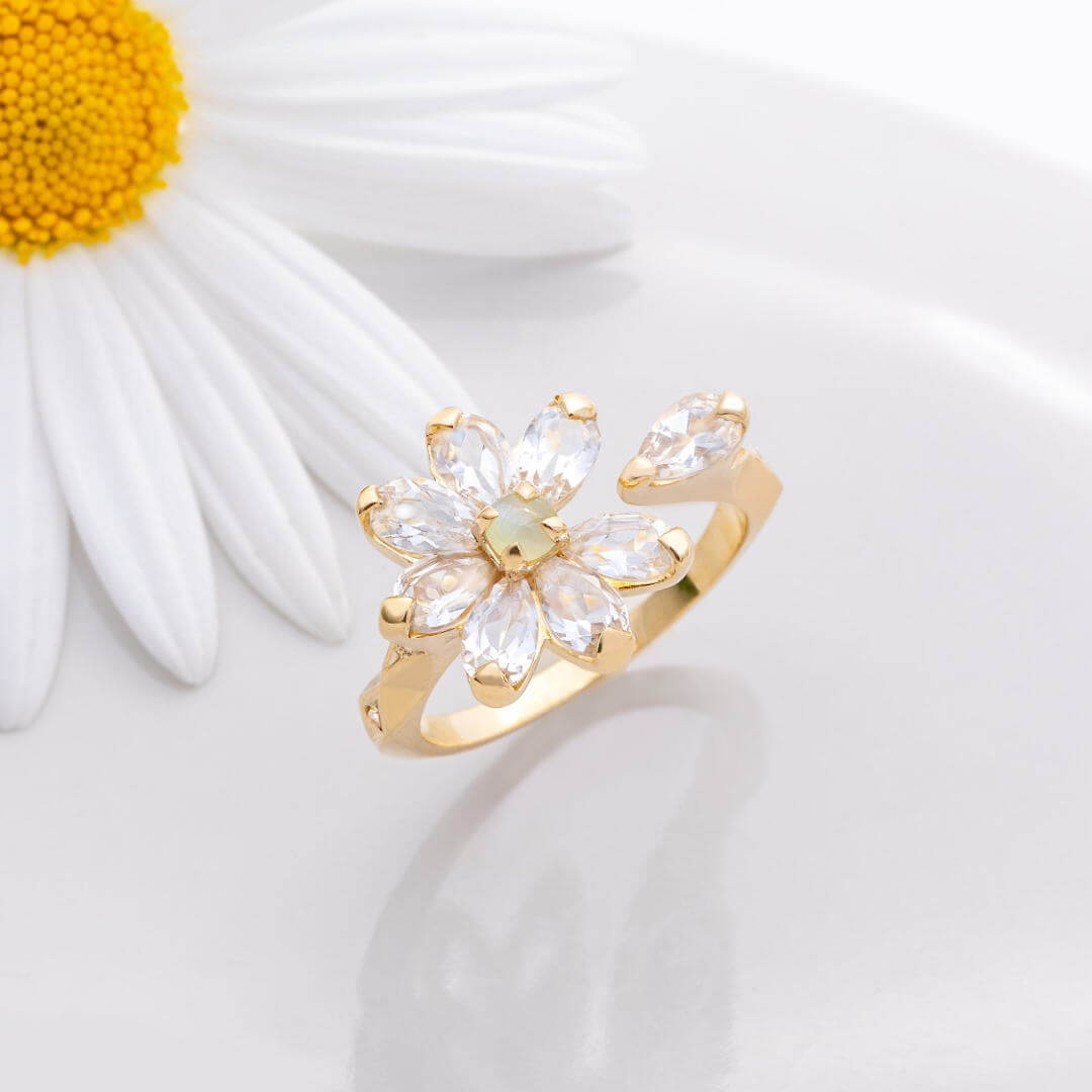 マーガレットK18クリソベリルキャッツアイフラワーリング指輪｜2月