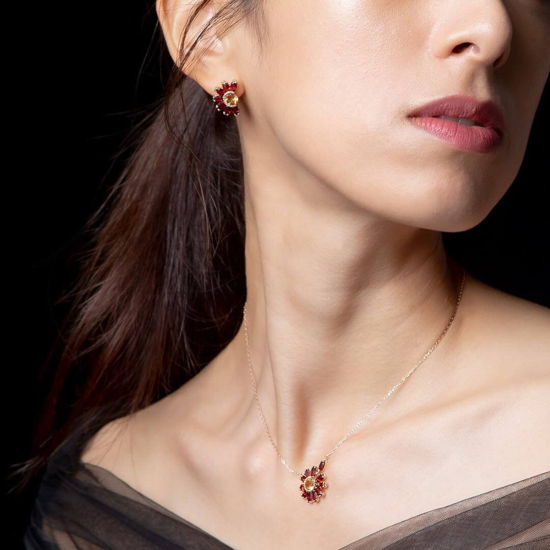 ガーベラシトリンK18アシンメトリーピアス｜11月誕生石×11月誕生花 1月