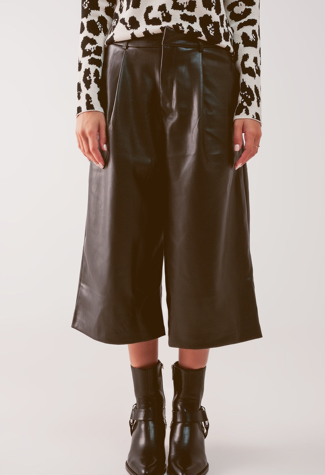Black Faux Leather Wide Leg Culottes | Best Price at Tooksie