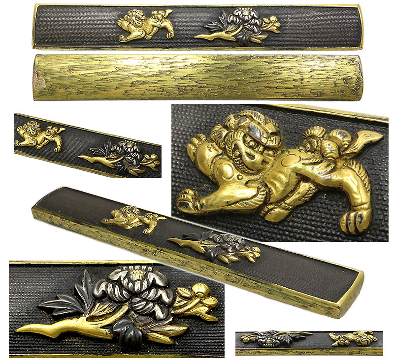 日本刀の小柄｜赤銅七々子地獅子牡丹（石橋）図｜日本刀専門店・東京