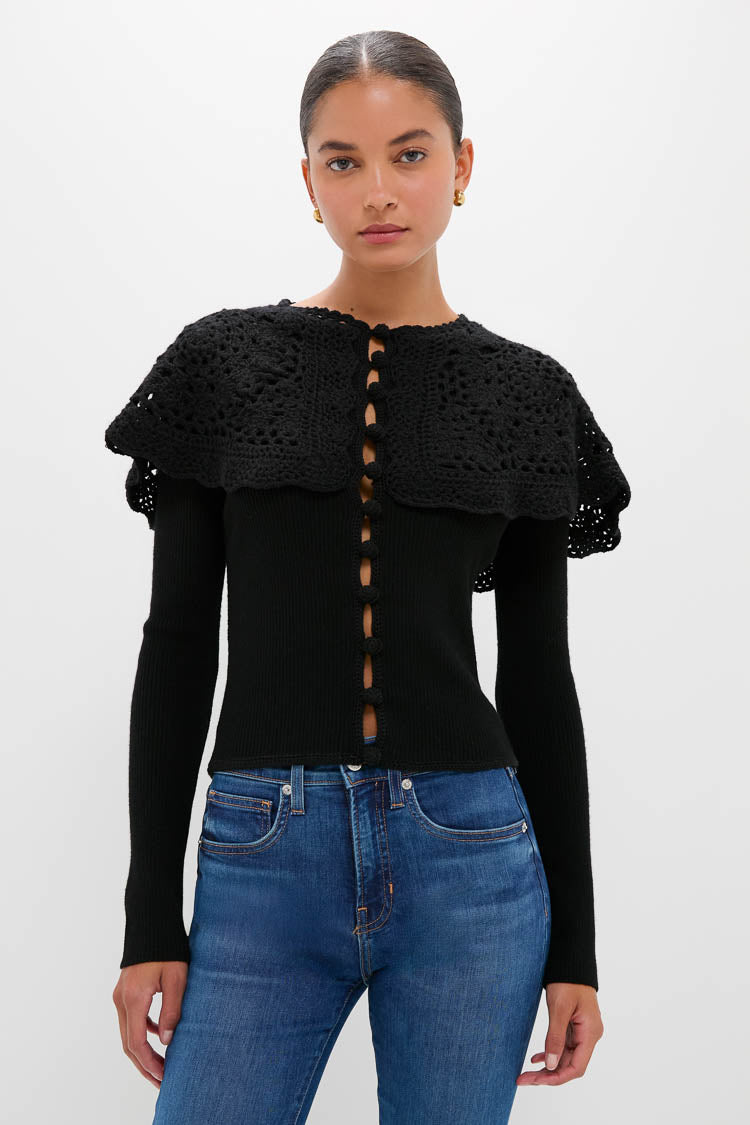 Black Nara Crochet Long Sleeve Cardigan With Capelet | Sea New York