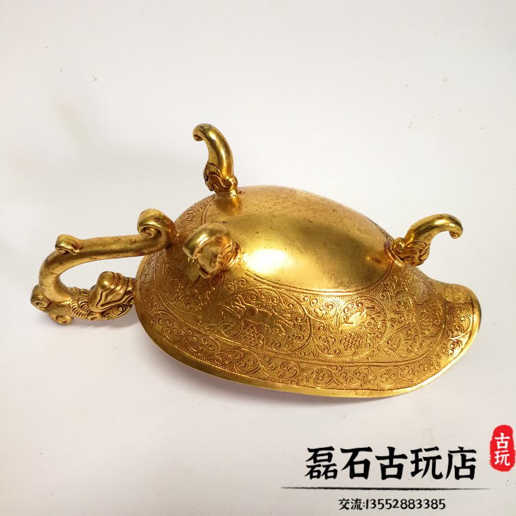 古玩大唐貞觀酒器唐代酒杯皇宮刻花老金器收藏雜項仿古銅鎏金擺件| 協貿