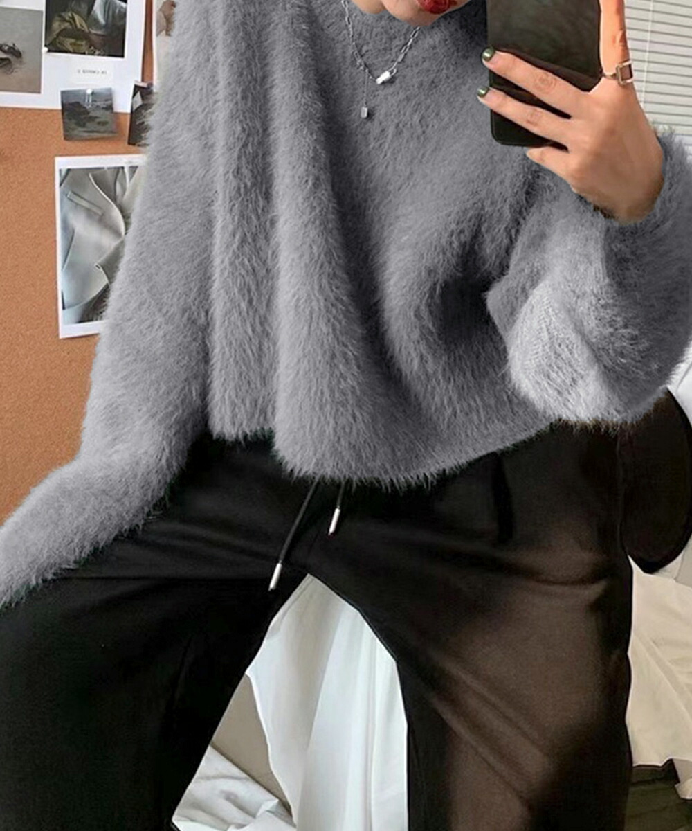 楽天市場】シャギーニットトップス クルーネック長袖 モヘアニット