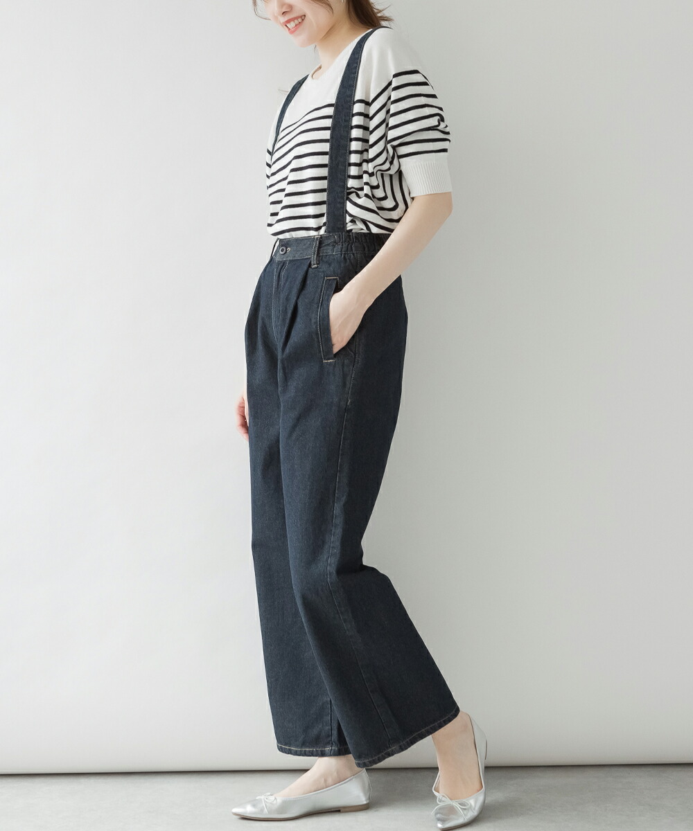 楽天市場】取り外せるサスペンダーデニムワイドパンツ レディース