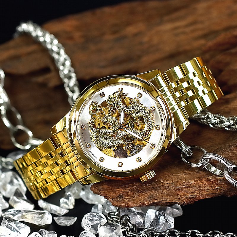 楽天市場】012 金×銀 龍神モチーフ 機械式 自動巻き 腕時計 メンズ