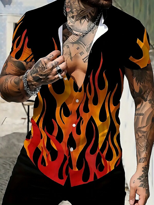 楽天市場】ファイヤーパターン柄 半袖シャツ 黒赤 065 柄シャツ 派手