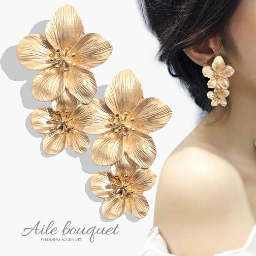 楽天市場】ゴールドフラワー 2連 大ぶりピアス アンティークゴールド