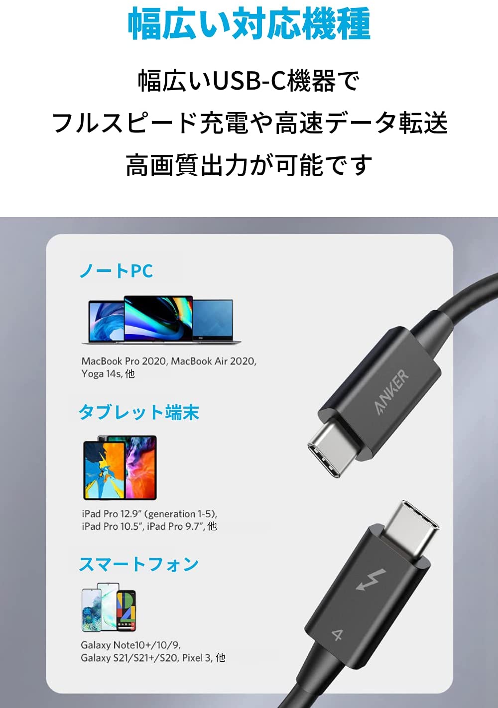 楽天市場】Anker USB-C & USB-C Thunderbolt 4 ケーブル 0.7m 100W出力