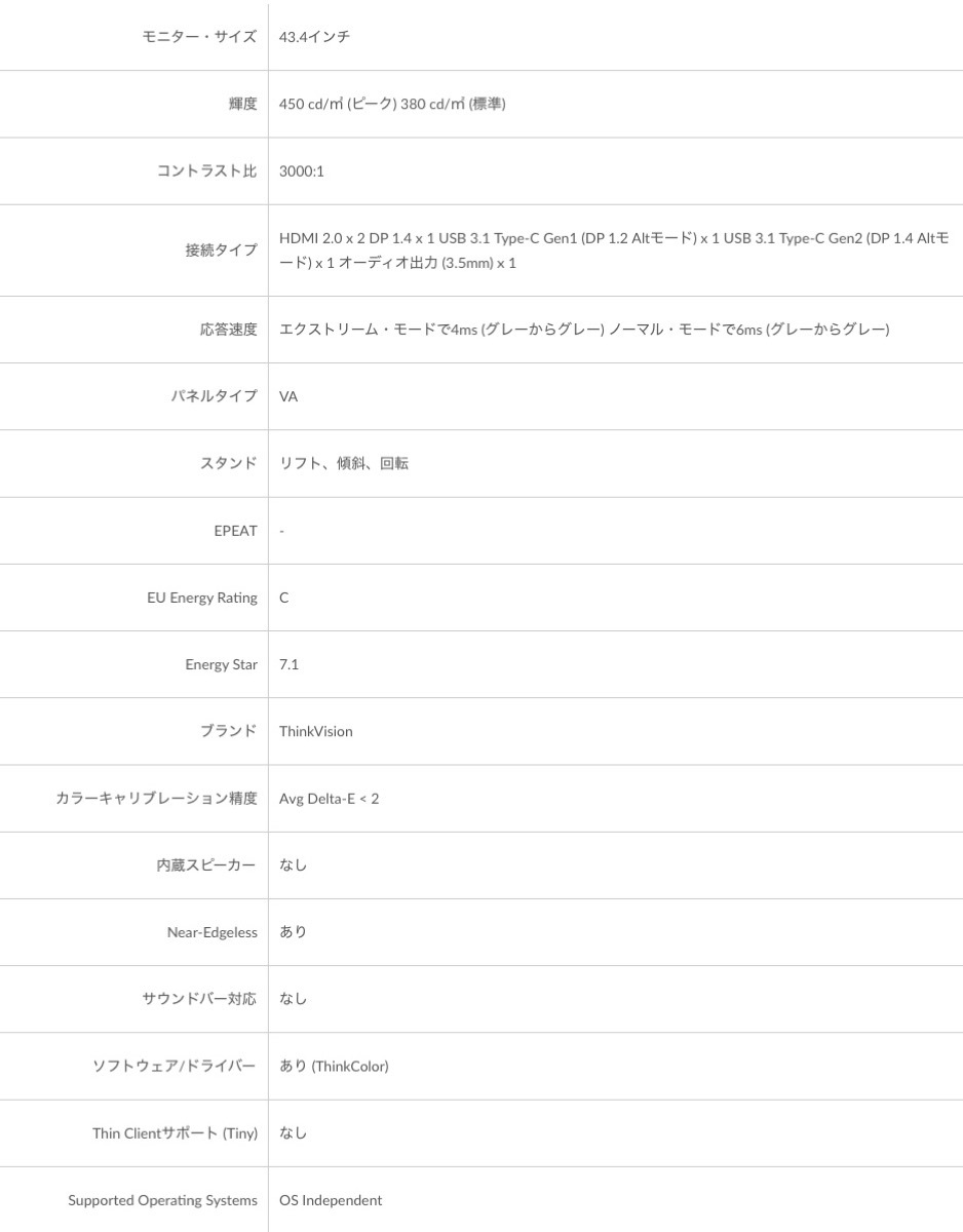 楽天市場】Lenovo P44w-10 ThinkVision 43.4インチ ウルトラワイド