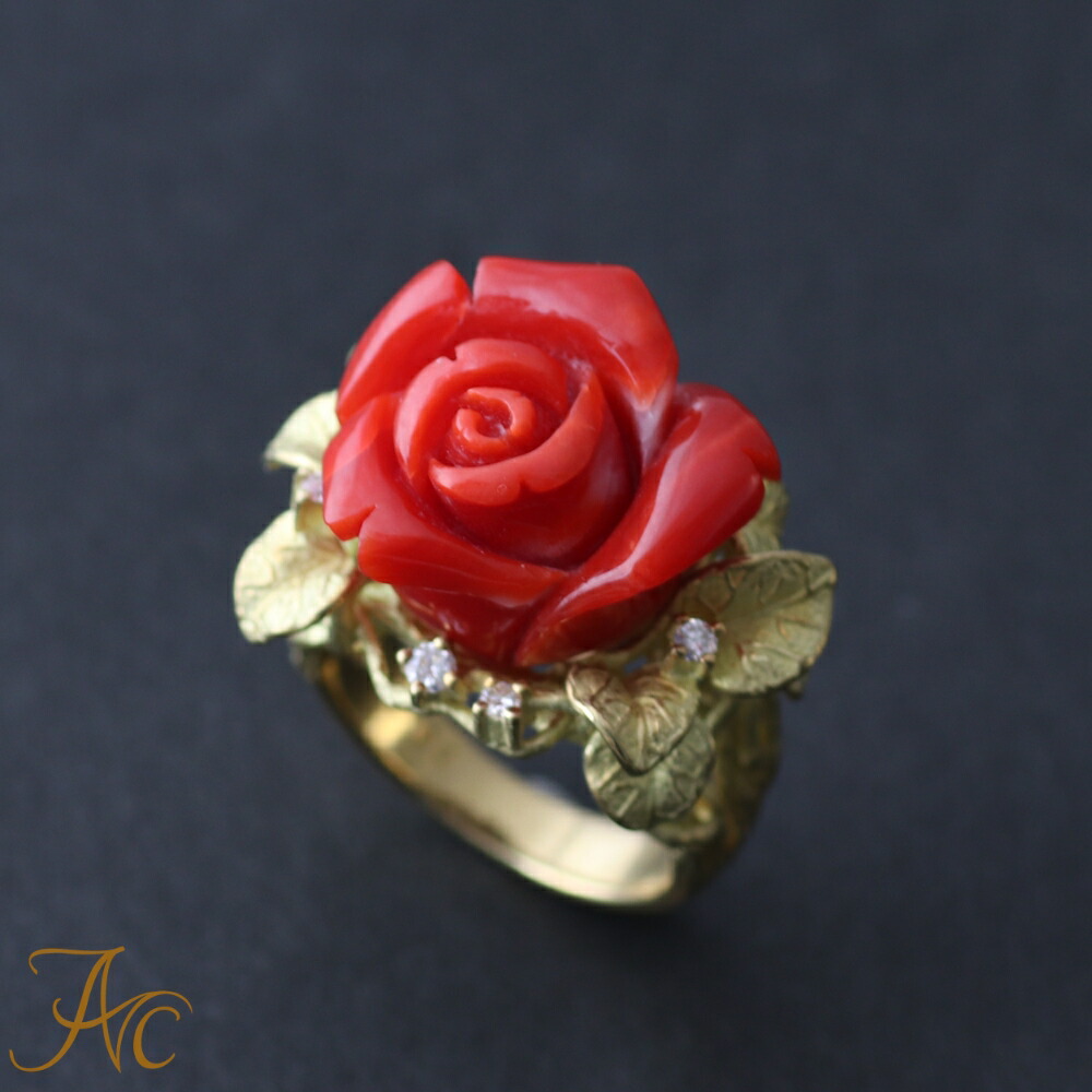 楽天市場】日本産血赤珊瑚＜薔薇 ローズ＞K18リング シンプル 差し色