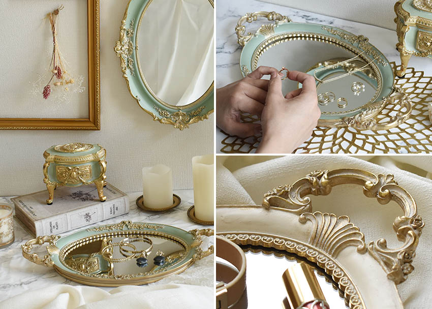 楽天市場】アンティークデコ ミラートレイ 小物入れ 鏡 ロココ調