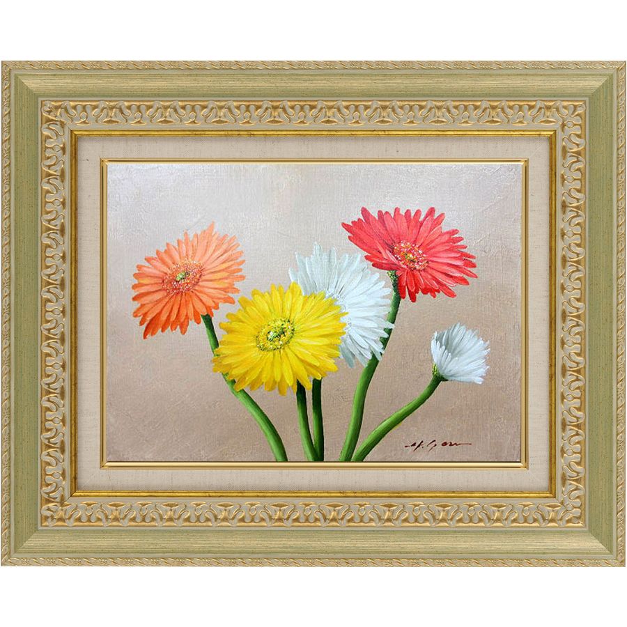 楽天市場】手描き 油絵 額入り油彩画 ガーベラ F4サイズ 黄色 オレンジ