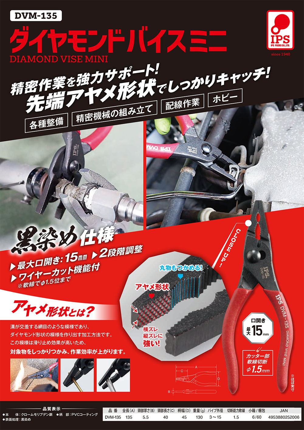 楽天市場】IPS PLIERS ダイヤモンドバイスミニ 135mm アヤメ形状掴み部