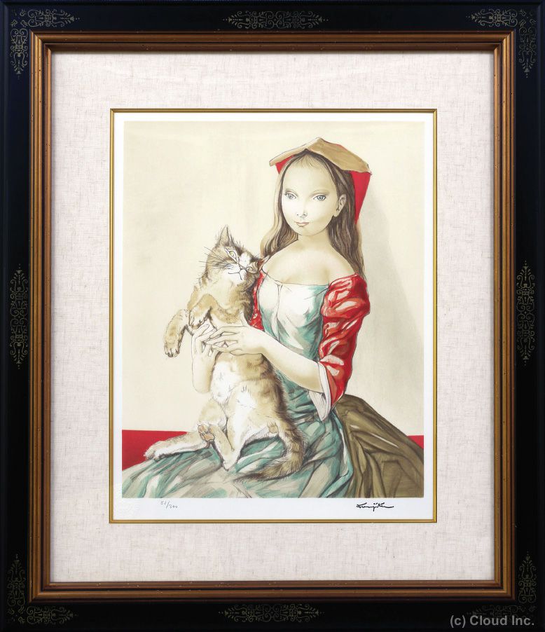 希少 螺鈿 猫を抱いた女性 美人画 浮世絵 天然木 漆器 古画