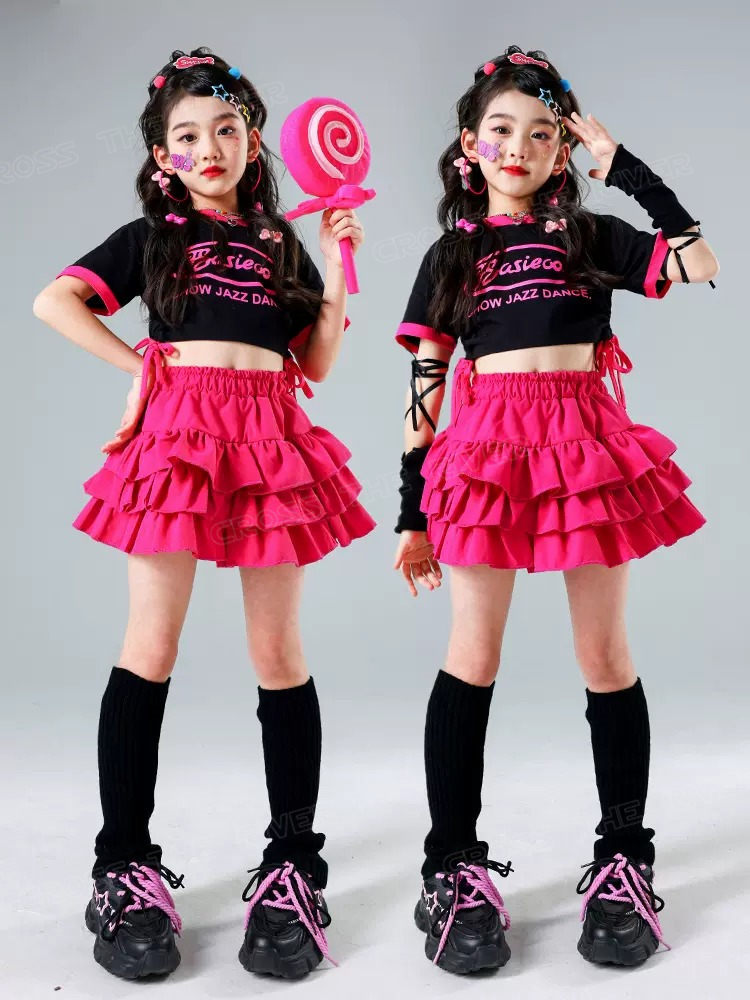 社交ダンス 上下セット 黒とピンクの花柄フレアスカート Lサイズ 社交