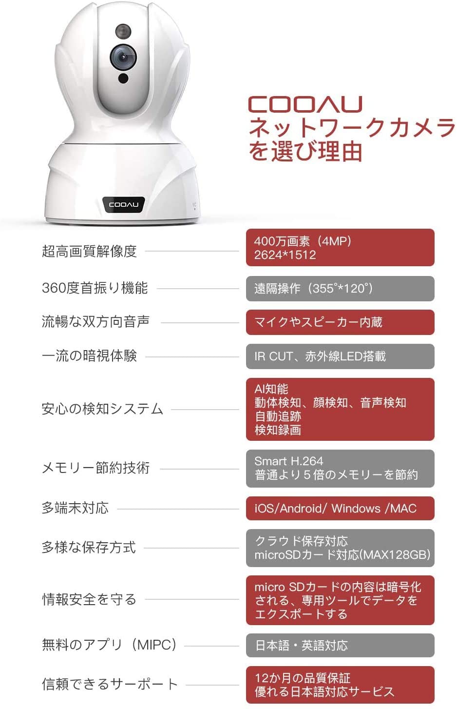 楽天市場】【最新型400万画素】COOAU ネットワークカメラ【カメラ 防犯