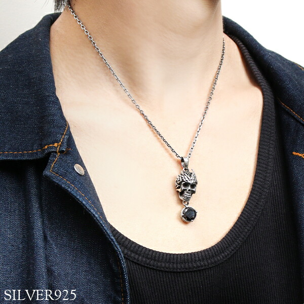 楽天市場】デビル スカル ブラックジルコニア シルバーネックレス