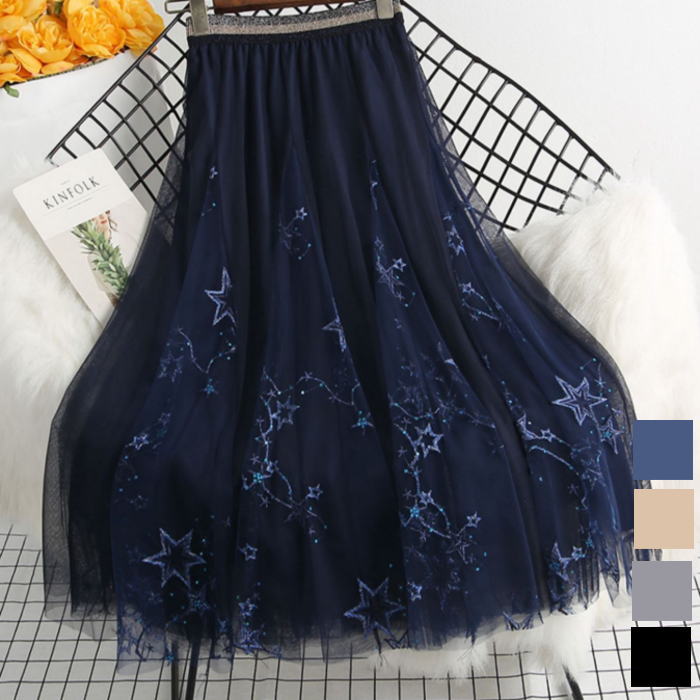 楽天市場】フレアスカート 星柄 刺繍 スパンコール チュール ふんわり