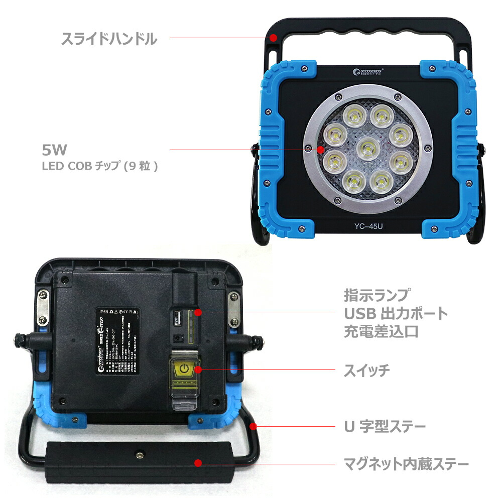 楽天市場】led投光器 充電式 45W 4500lm コードレス マグネット USB