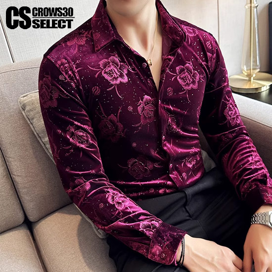 楽天市場】シャツ メンズ ドレスシャツ メンズ ベロアシャツ バラ柄