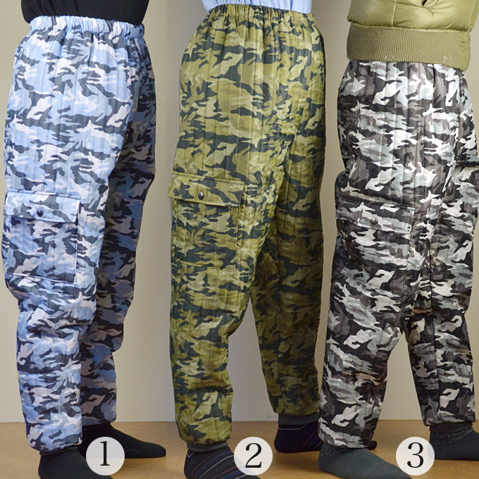 楽天市場】防寒キルトもんぺ 迷彩柄 中綿入り 冬 防寒パンツ
