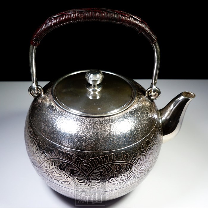 楽天市場】純銀細工 手作り 銀瓶 銀湯沸 純銀保証 重さ約440g 高さ約