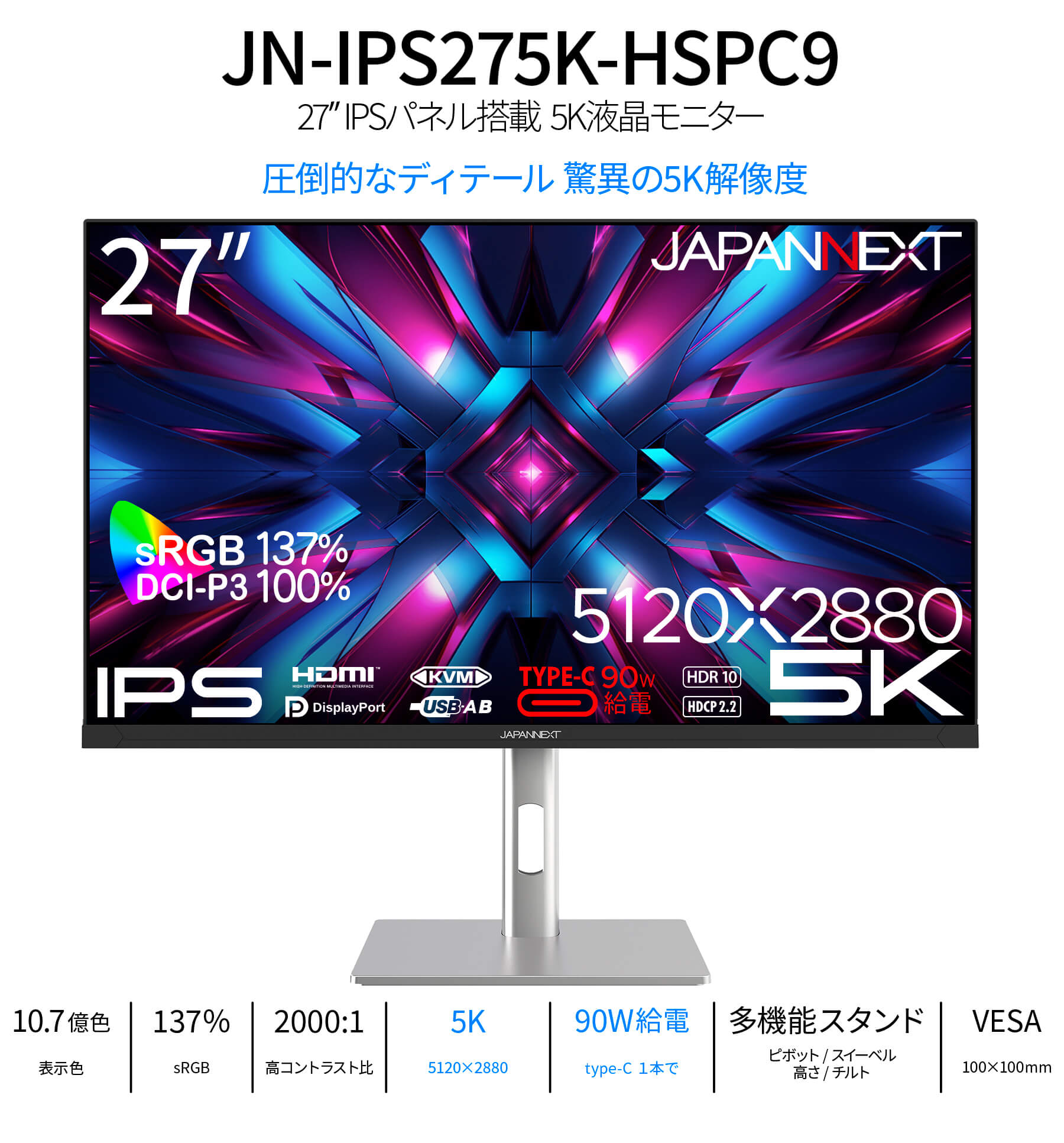 楽天市場】JAPANNEXT 27インチ IPSパネル搭載 5K(5120x2880)解像度