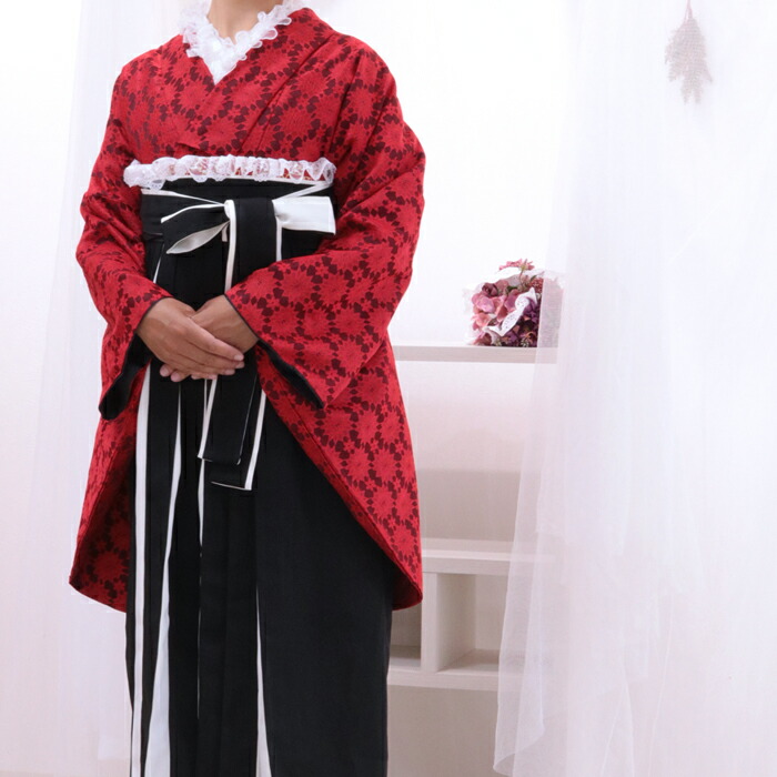 楽天市場】卒業式 レース着物 二尺袖 着物 単品 レッド ブラック 赤 黒