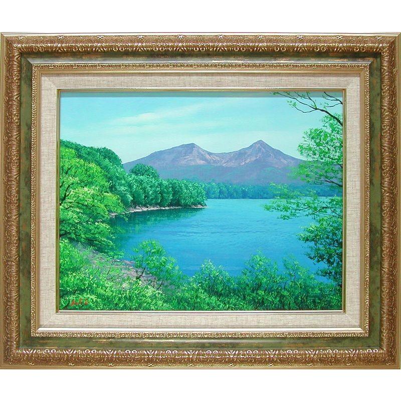 手書き油絵 色づく湖と山 額付き 肉筆絵画 インテリア 油彩画 手書き