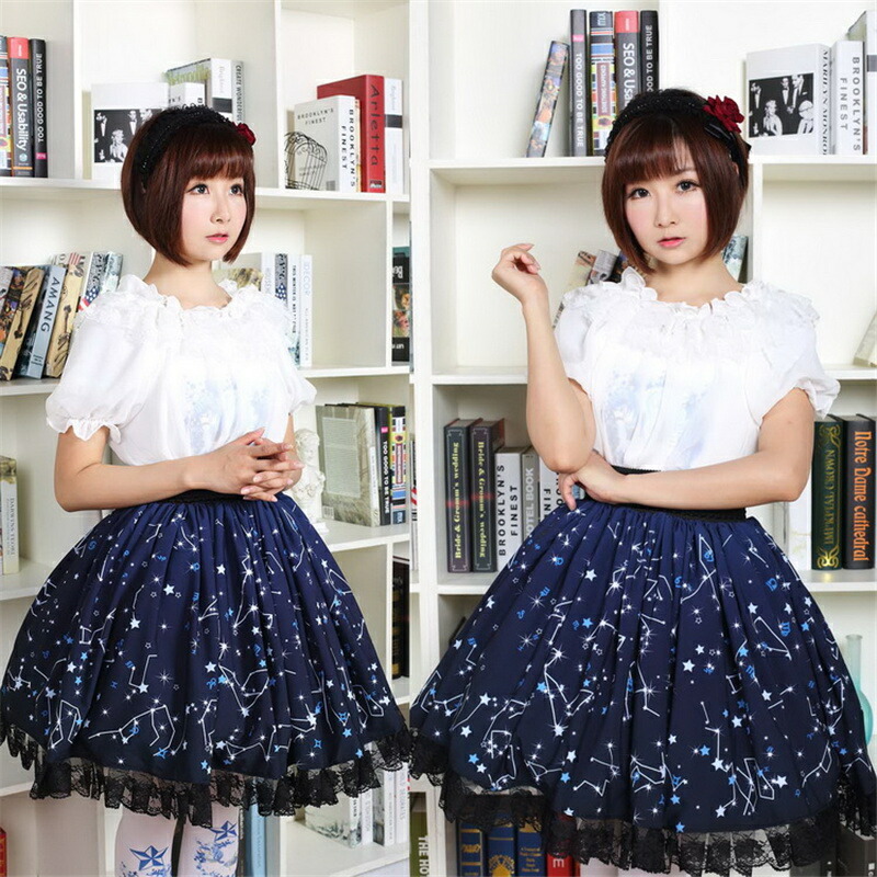 楽天市場】甘い星座柄プリントロリータスカートダークネイビー フレア