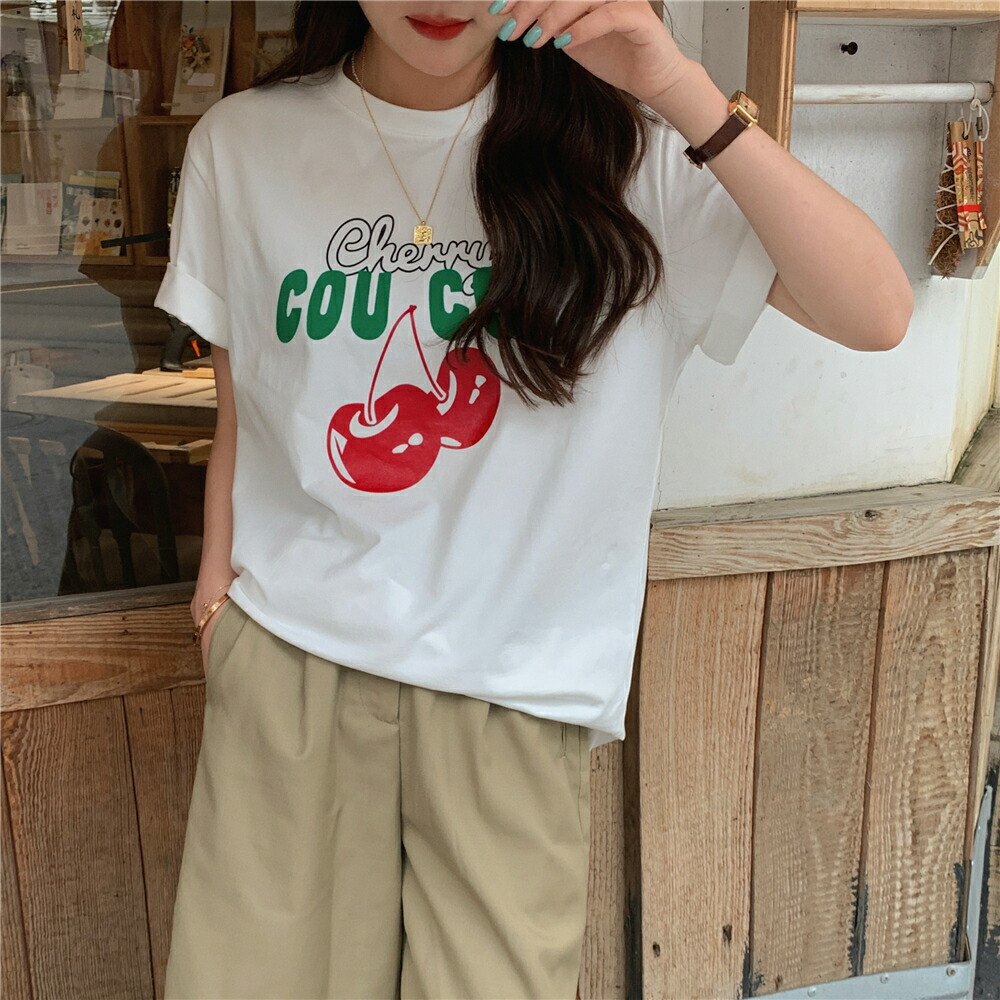 楽天市場】チェリー ロゴ Tシャツ 半袖 トップス カットソー 白