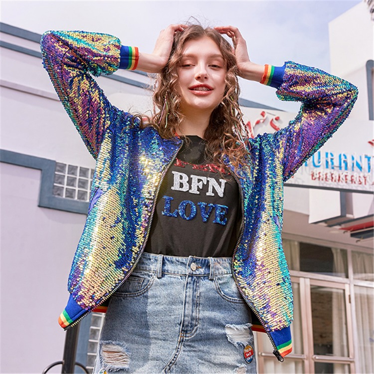 楽天市場】スパンコール キラキラ カラフル 長袖 スカジャン ブルゾン