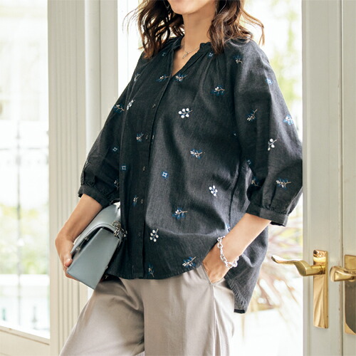 楽天市場】ブラウス シャツ 花柄 レディース 花刺しゅうライトデニム