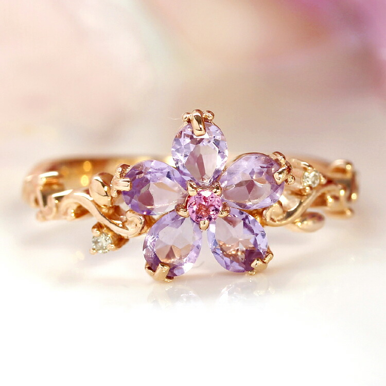 楽天市場】桜モチーフ アメジスト ダイヤモンド K10 ゴールドリング