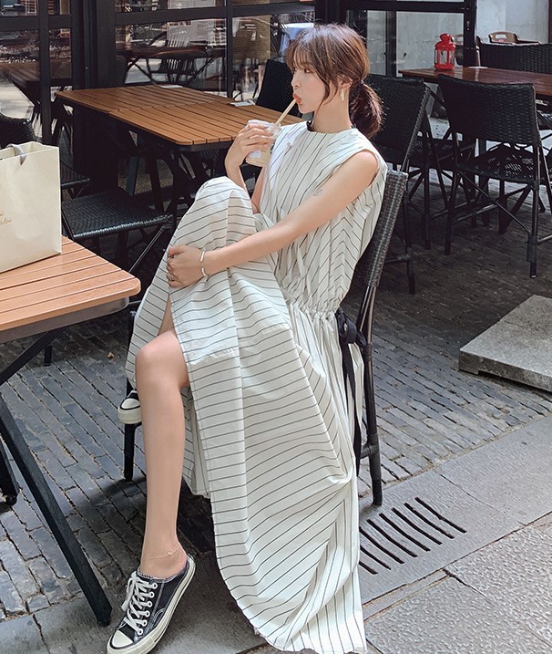楽天市場】ストライプ ノースリーブ ワンピース 夏 レディース ロング