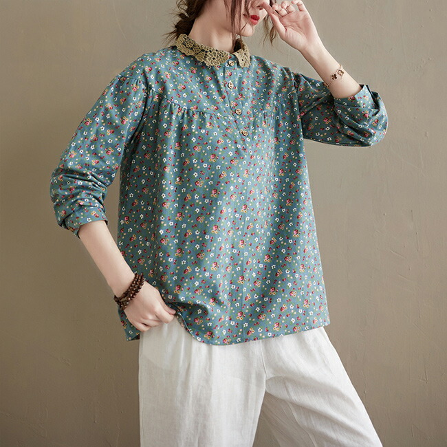 楽天市場】【送料無料】ブラウス レディース 長袖シャツ レース付き 花